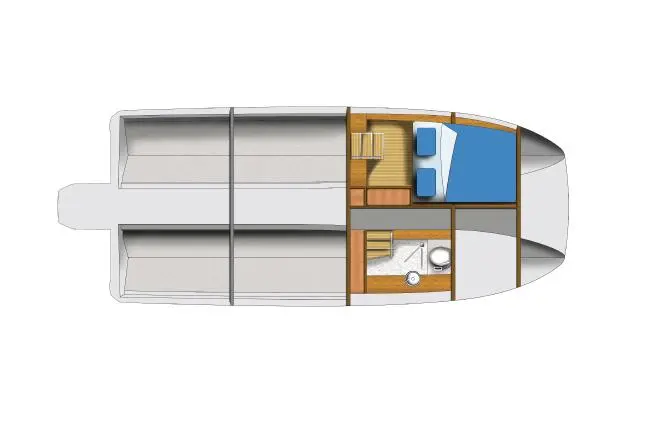 Boat floor plan featuring a bedroom with a blue bedspread, bathroom, and living area with wooden flooring.